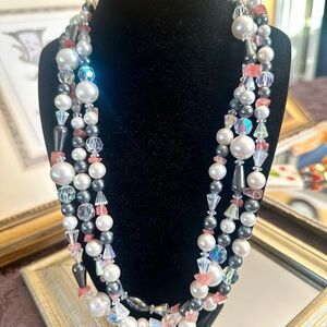 Elegant Pink and Silver Multi-Strand Necklace with Pearls